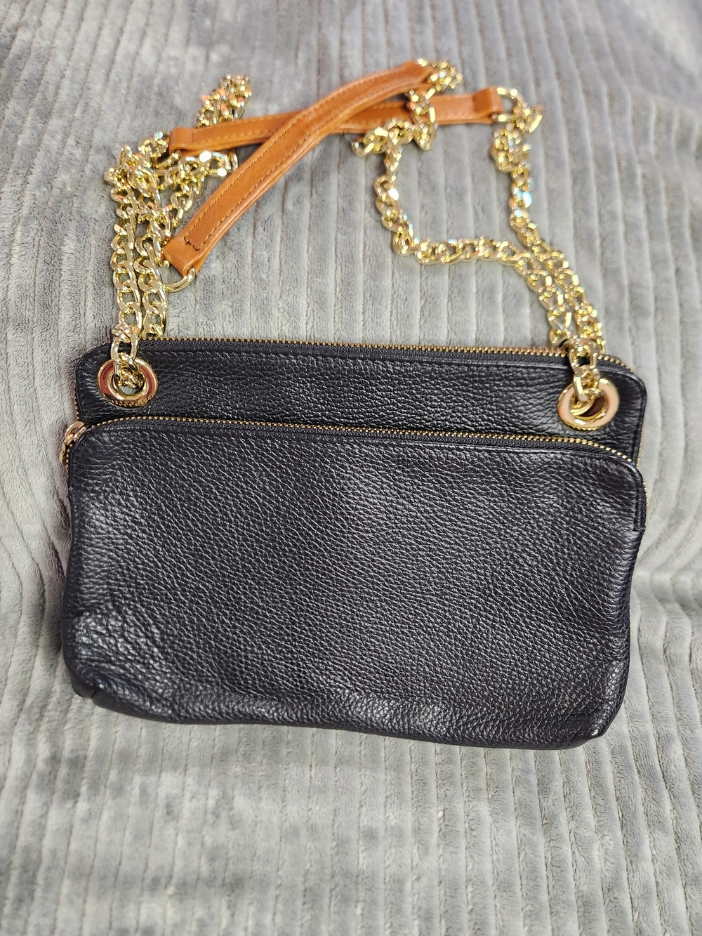 Black Leather Double-Zip Crossbody Bag with Gold Chain